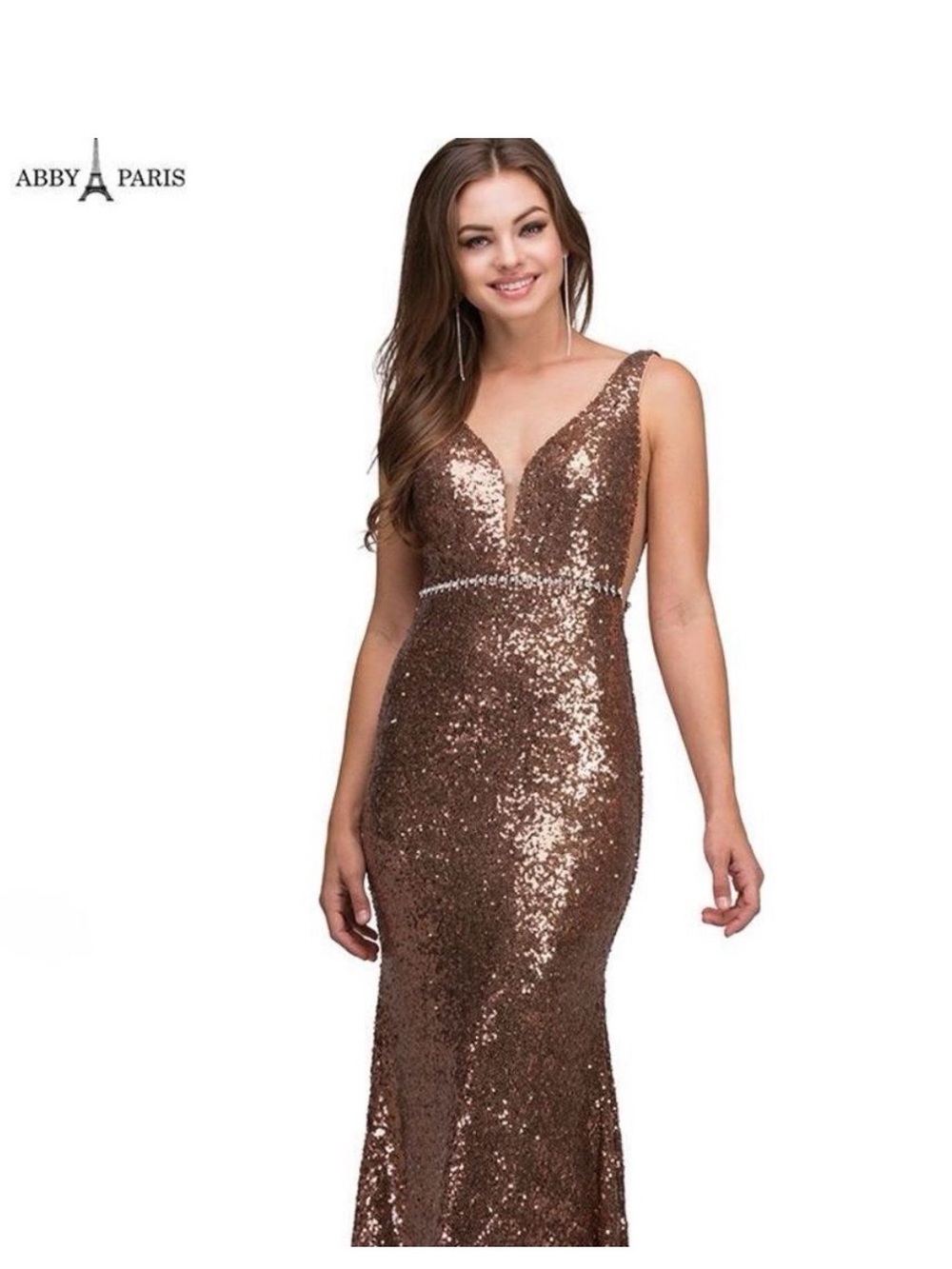 Abby Paris by Lucci Lu Long Sexy Bronze Sequin/rhinestone Deep V Gown Dress Sz 4